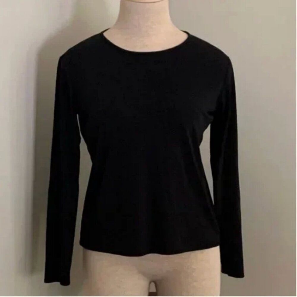 Eileen Fisher Women's Black Silk Crew Neck Long Sleeve Basic Top Size Pm